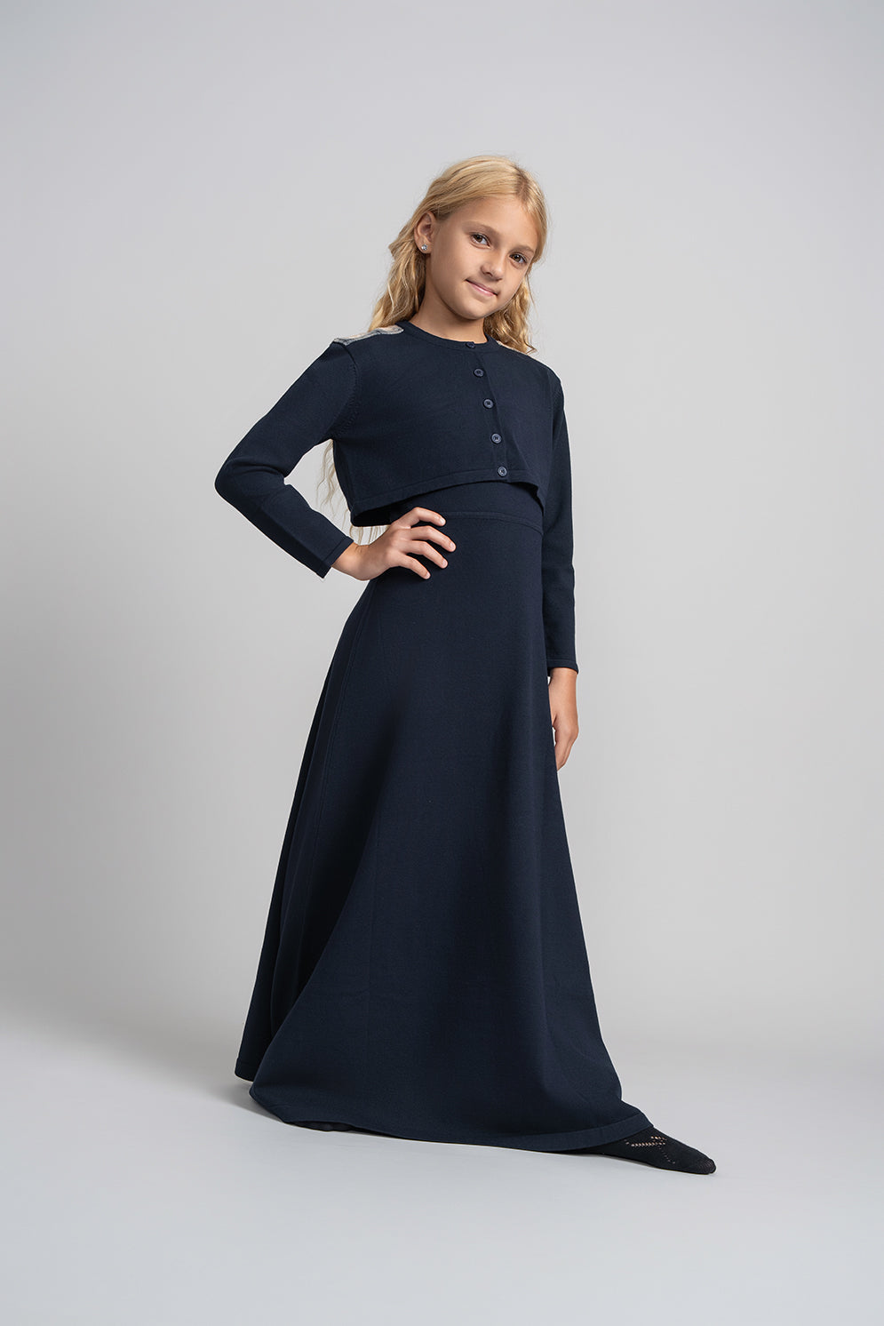 navy knitted dress NUMU Sleeveless Knit The Kennedy Dress in fully lined high colour: navy-high-low-frill-hem-v-neck-midi-dress Color:M-Blue